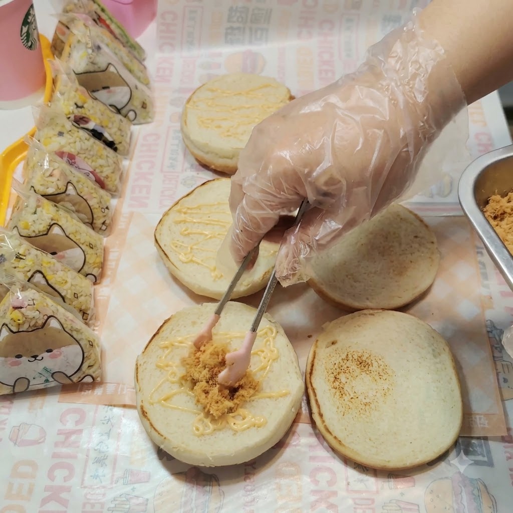 Du floss de porc délicatement disposé sur le pain à burger recouvert de sauce à laide de pinces.