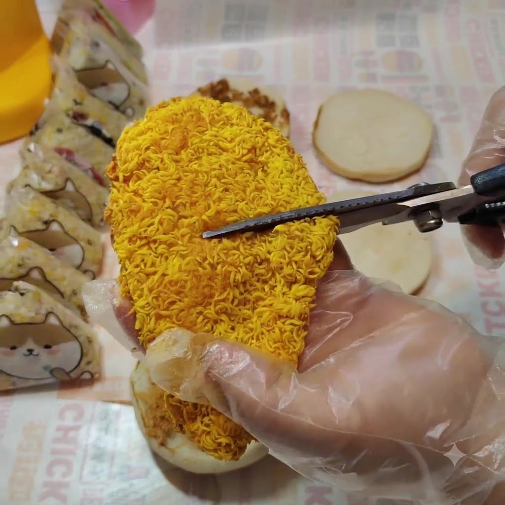 Une escalope de poulet croustillante coupée en deux à laide de ciseaux de cuisine.