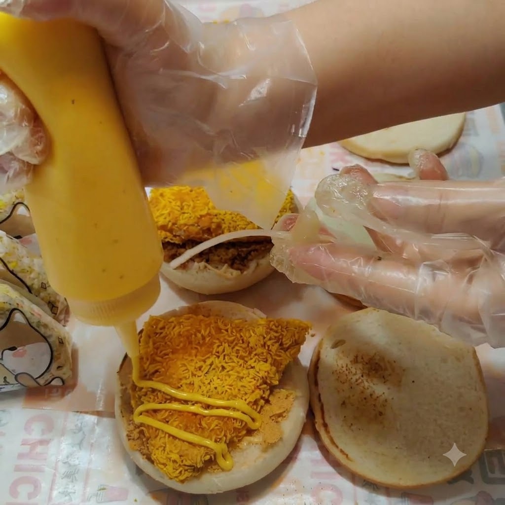 De la sauce moutarde au miel versée en mouvement de zigzag sur le morceau descalope de poulet.
