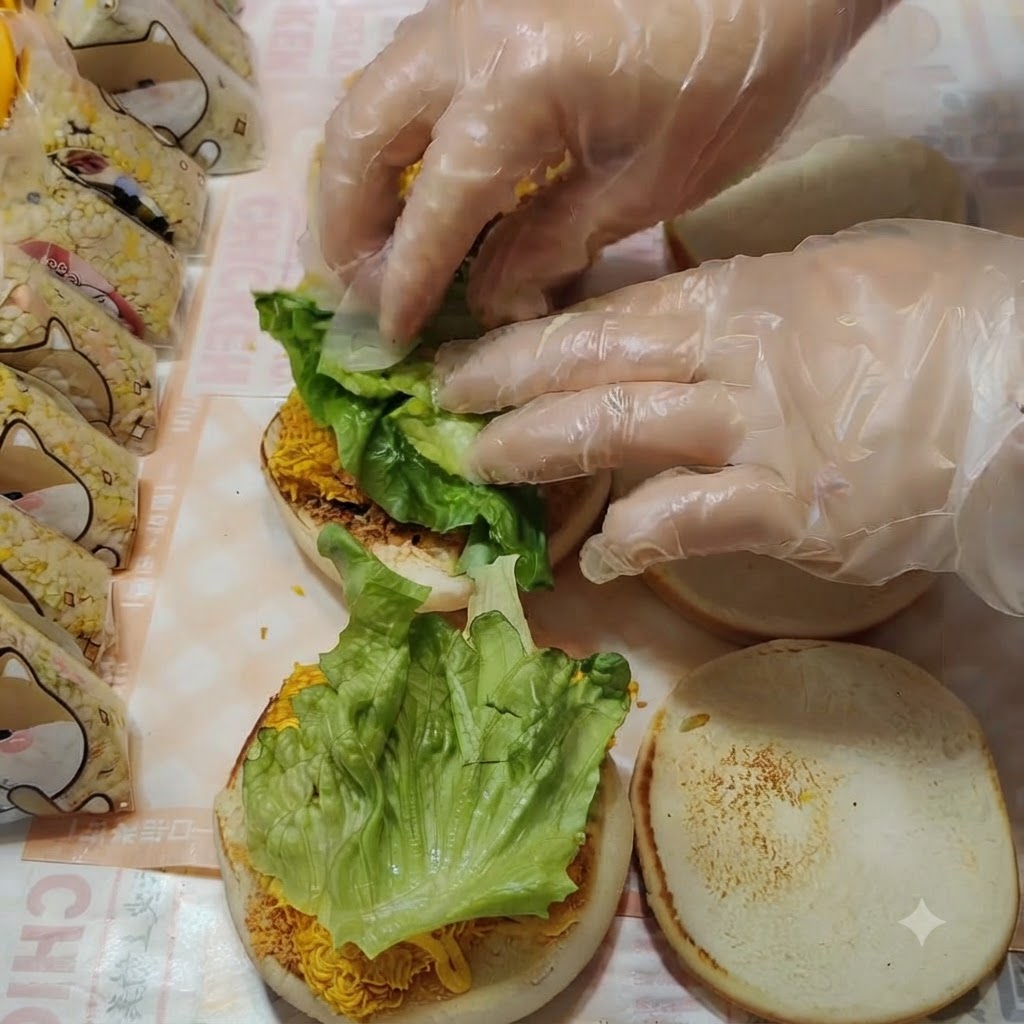 Des feuilles de laitue verte fraîche disposées par-dessus la couche de poulet.