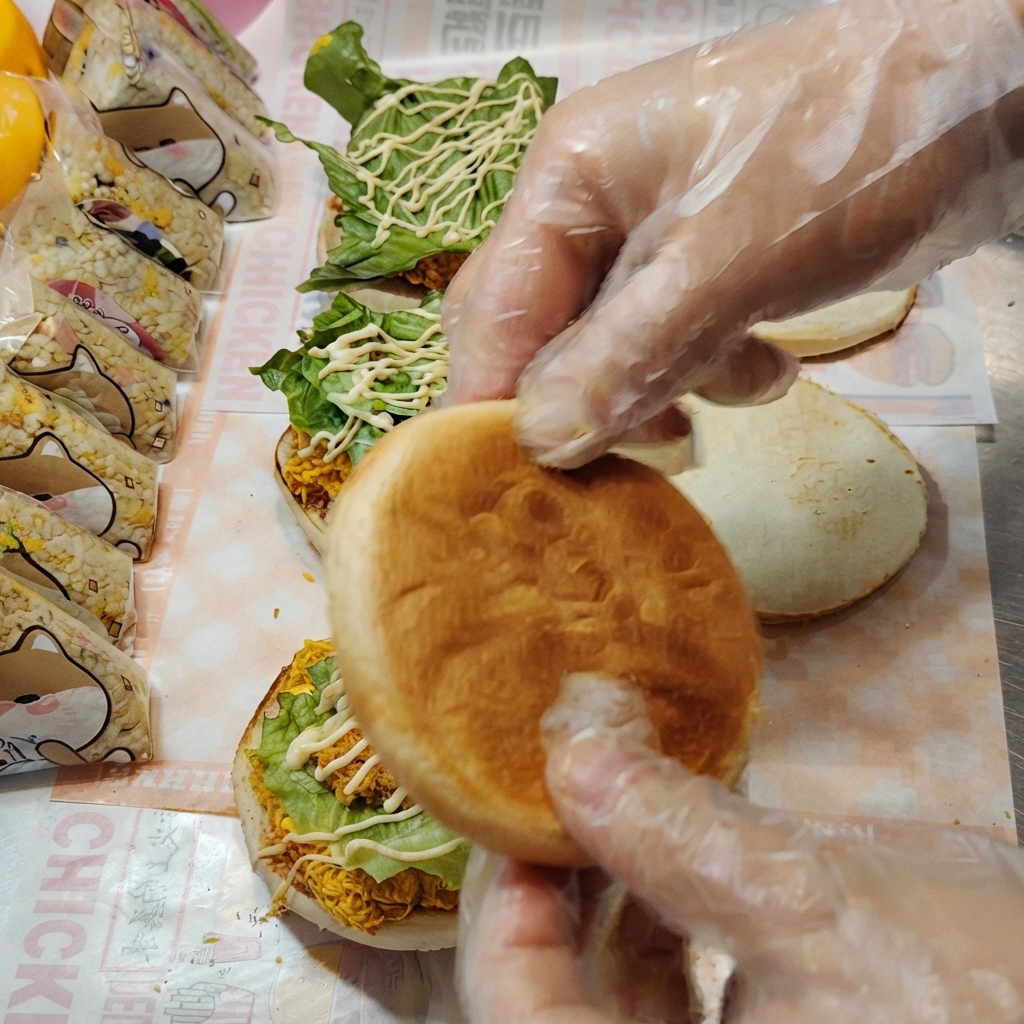 Le couvercle supérieur du pain positionné par-dessus la base du burger garni.