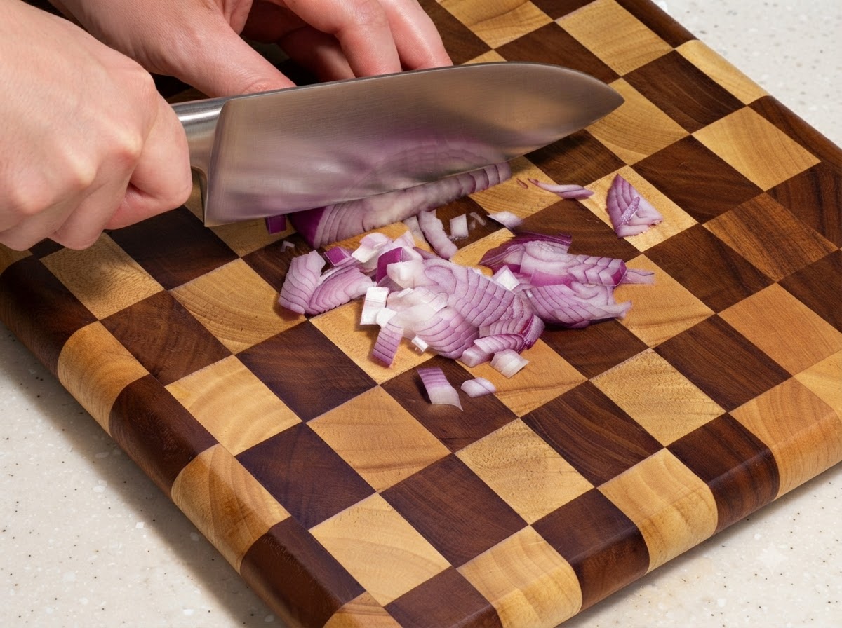 Un couteau coupant un oignon rouge en petits morceaux sur une planche à découper en bois à motifs quadrillés.