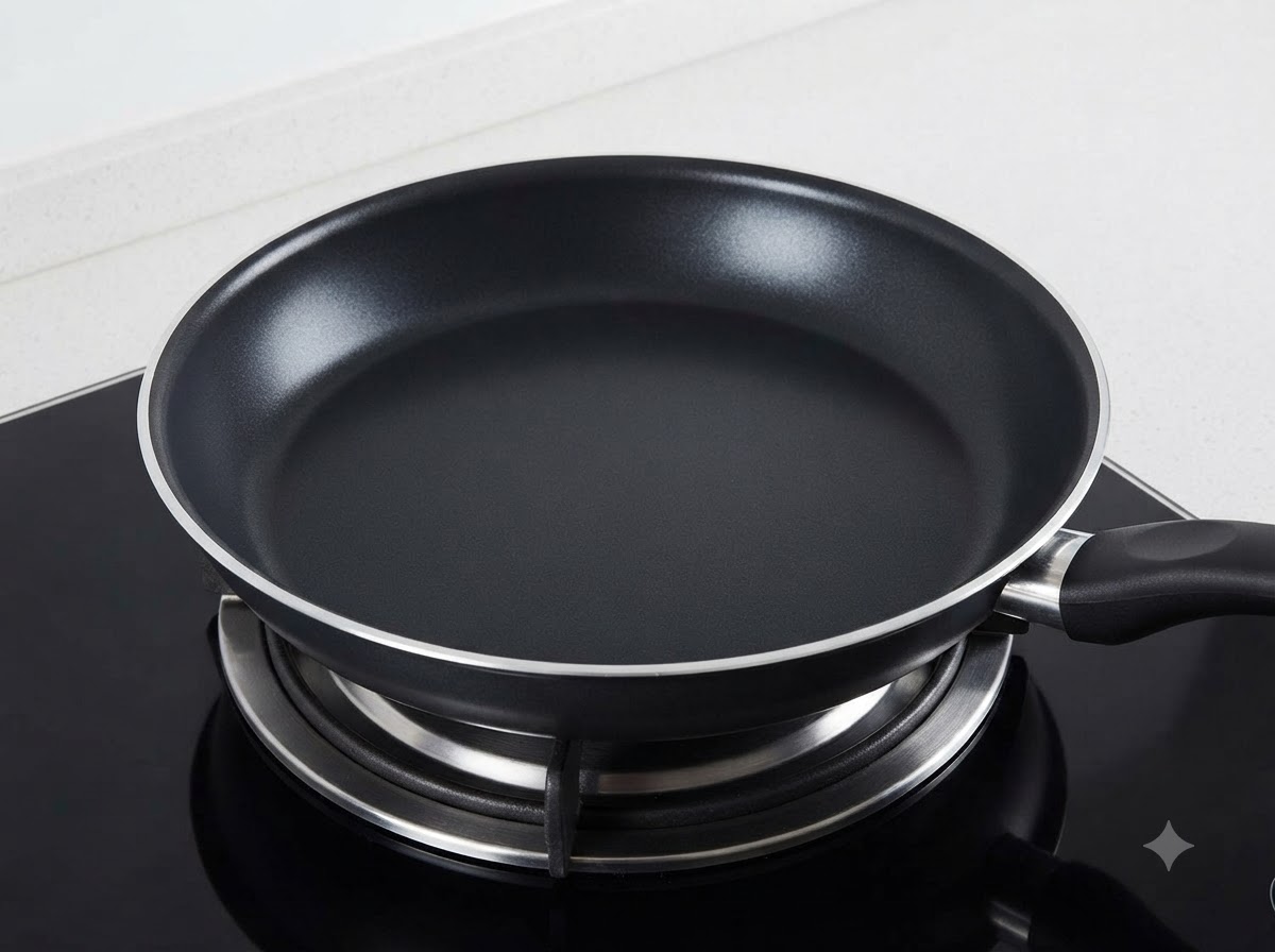 Une poêle à frire noire vide posée sur un feu de cuisinière.