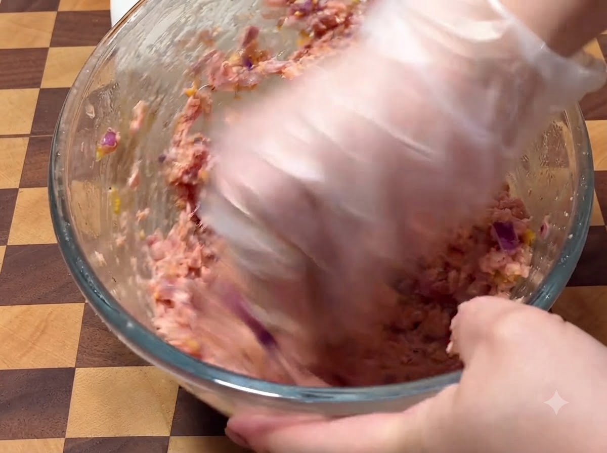 Une main gantée mélangeant vigoureusement la préparation de viande hachée dans un bol en verre.