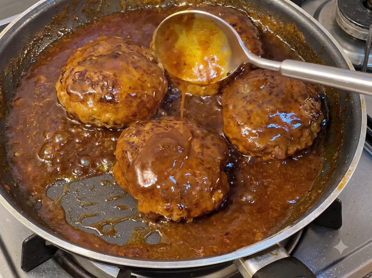 Des steaks hachés mijotant dans une sauce brune riche et bouillante avec une cuillère nappant le dessus.