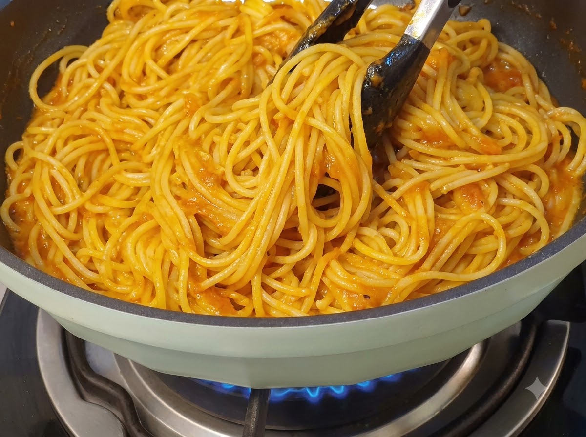 Des pinces mélangeant soigneusement des spaghettis jaunes à lintérieur dune poêle à poignée verte remplie de sauce à la viande rouge orangé.