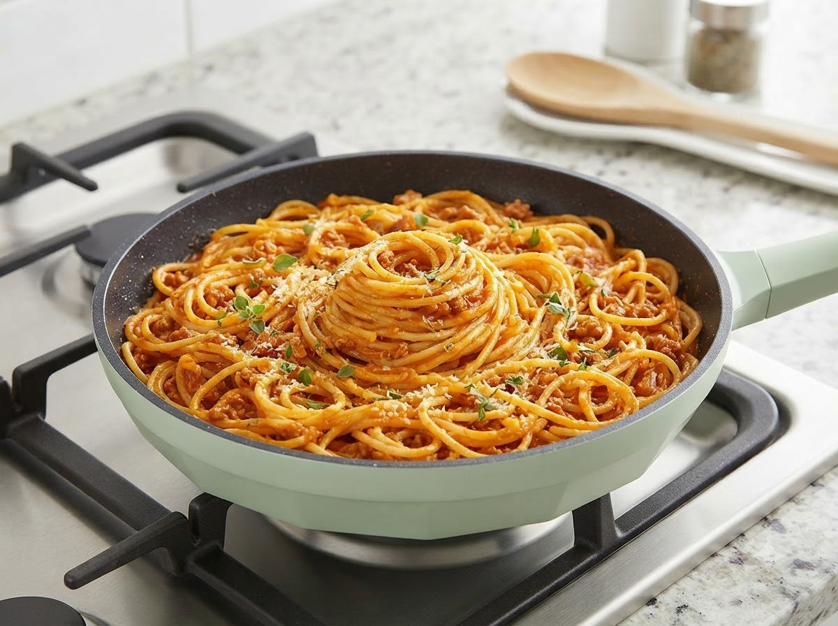 Une poêle remplie de spaghettis enrobés disposés en un dôme bien net au centre, garnis dherbes.