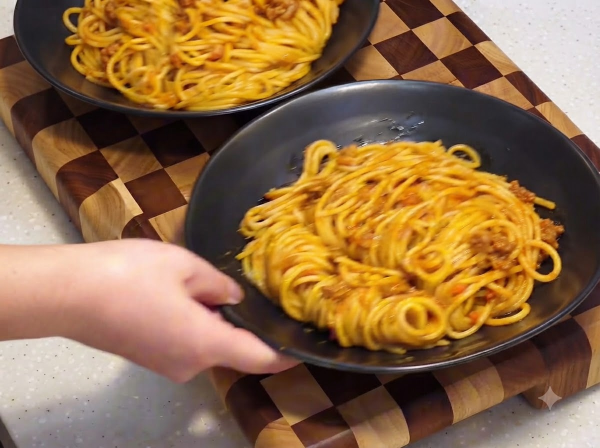 Des mains plaçant des assiettes de service noires remplies de spaghettis sur une planche à découper à motifs en damier en bois.