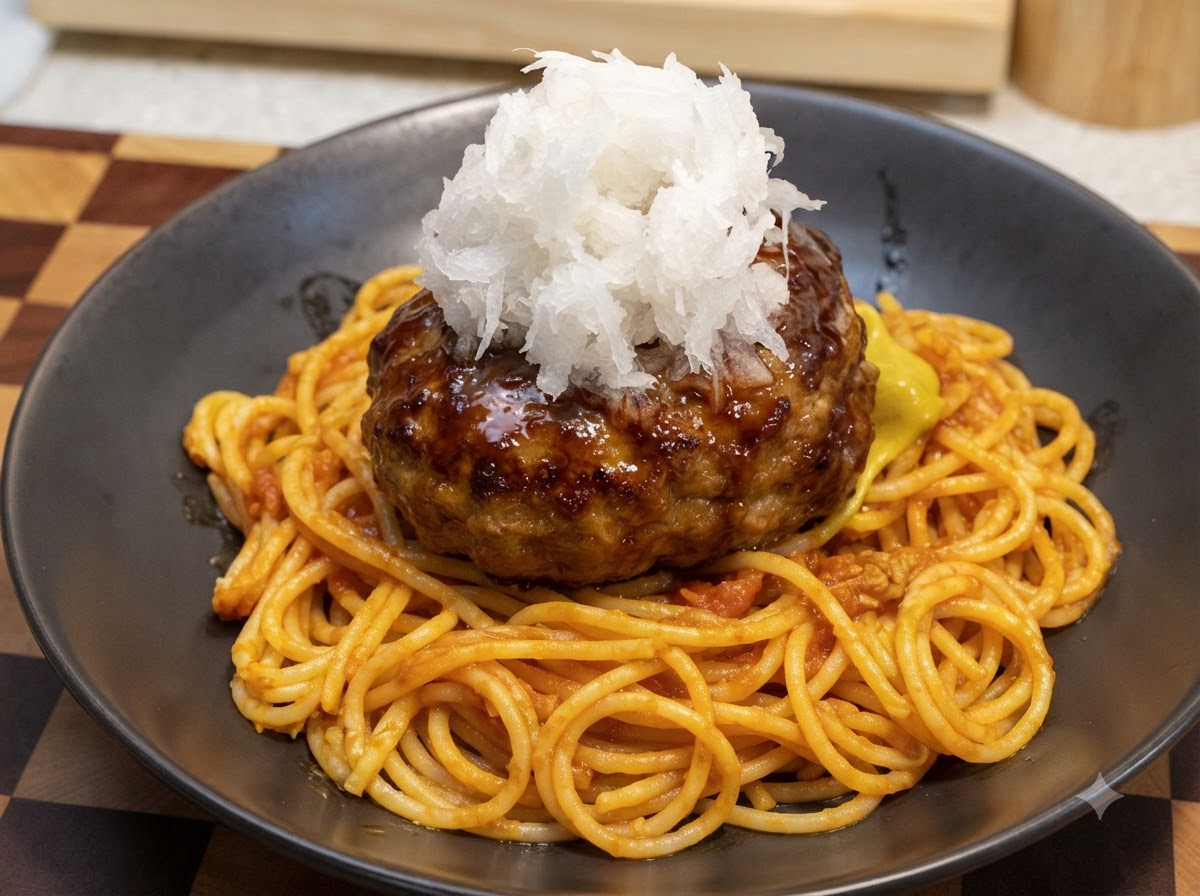 Un gros plan dun dôme de radis blanc râpé disposé sur un steak haché glacé posé sur des spaghettis.
