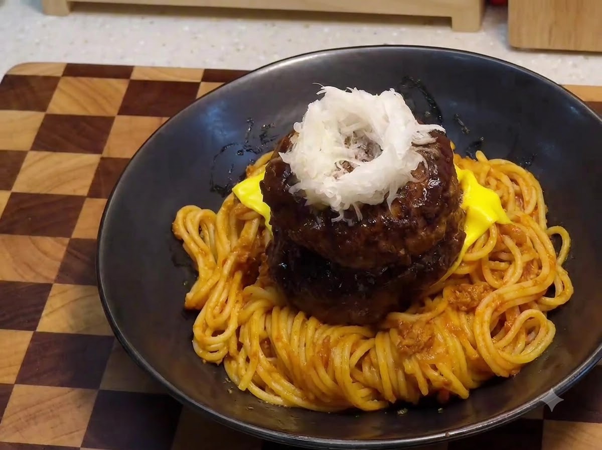 Un jaune dœuf de caille cru placé au centre dun dôme de radis daikon blanc râpé sur des steaks hachés superposés.