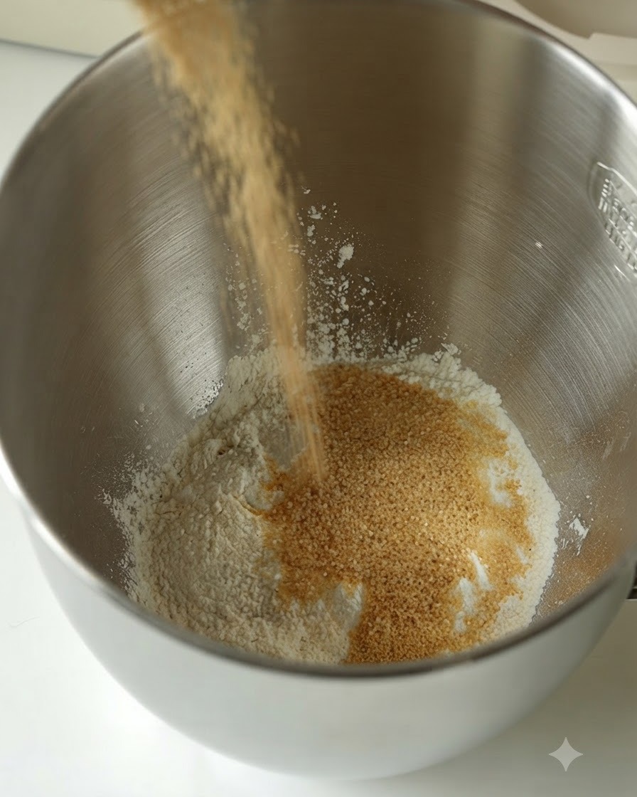 Lait végétal versé dans un bol mélangeur contenant de la farine et du sucre roux.
