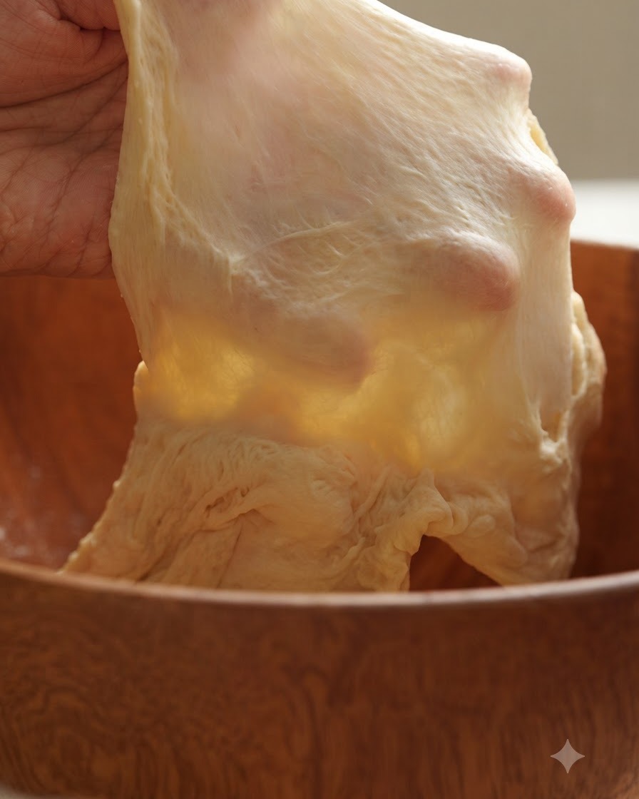 Pâte étirée finement à la main pour tester le développement du gluten.
