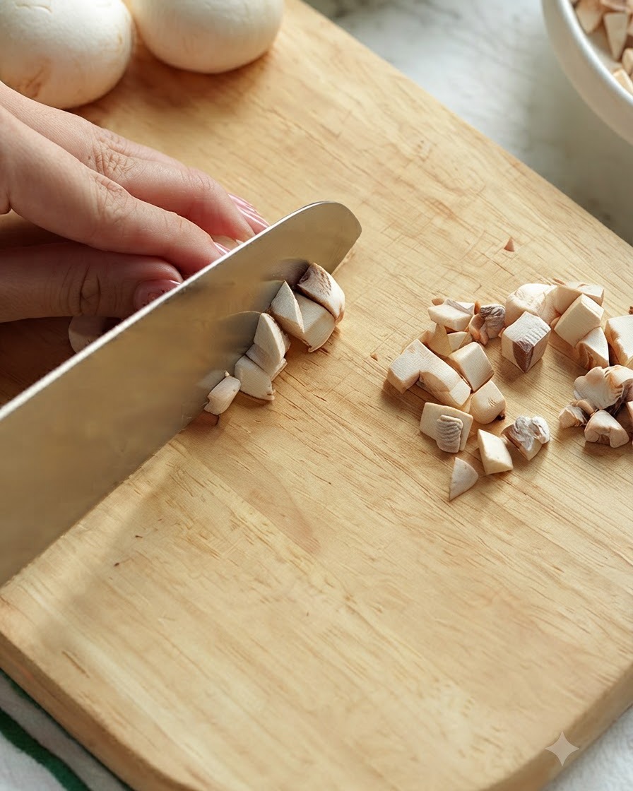 Main utilisant un couteau pour hacher des champignons sur une planche à découper en bois.