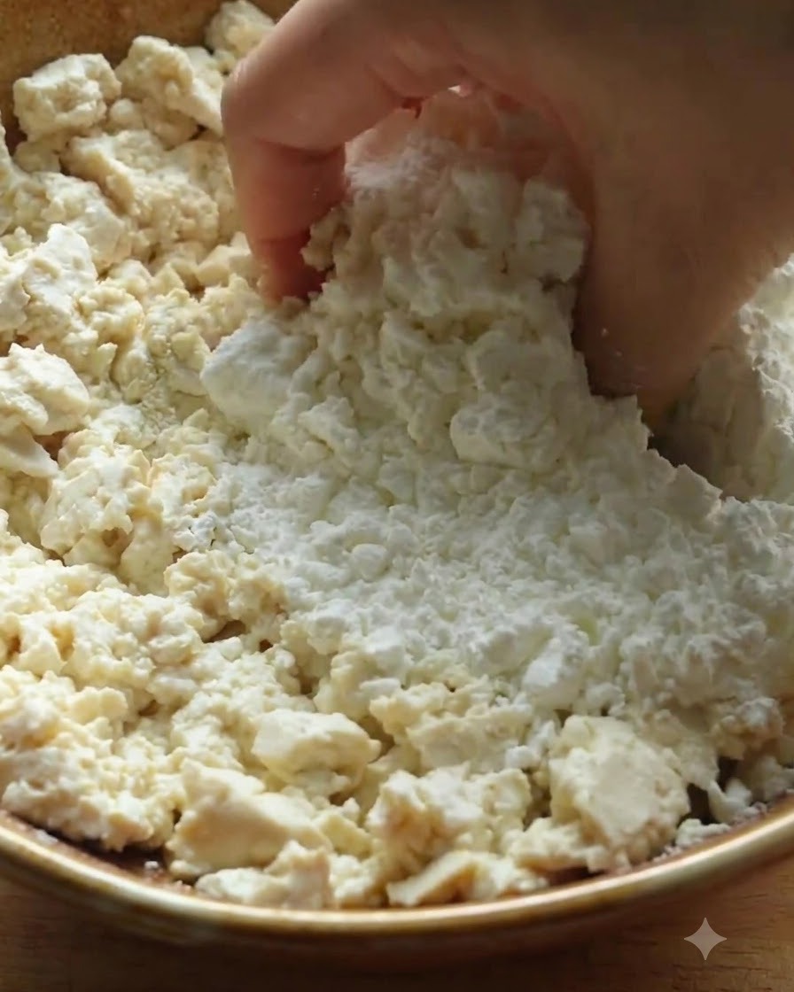Tofu émietté et mélangé avec de la farine et de la fécule de maïs dans un bol en bois.