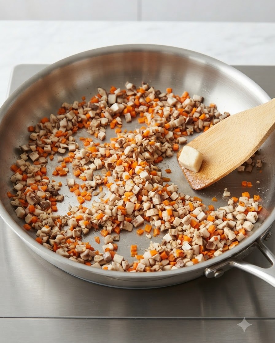 Carottes et champignons finement coupés en dés cuisant dans une poêle en acier inoxydable et remués avec une spatule en bois.
