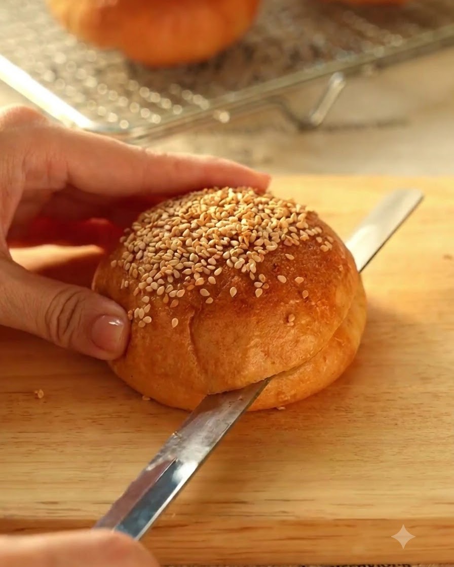 Pain à burger aux graines de sésame cuit coupé horizontalement en deux avec un couteau sur une planche en bois.