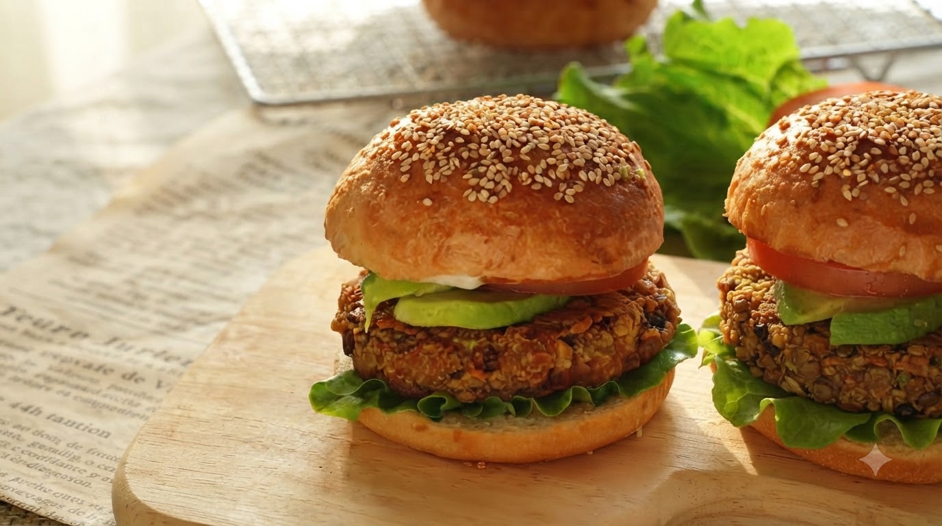 Burger Vegan Fait Maison avec Pains, Steaks et Sauce Salade