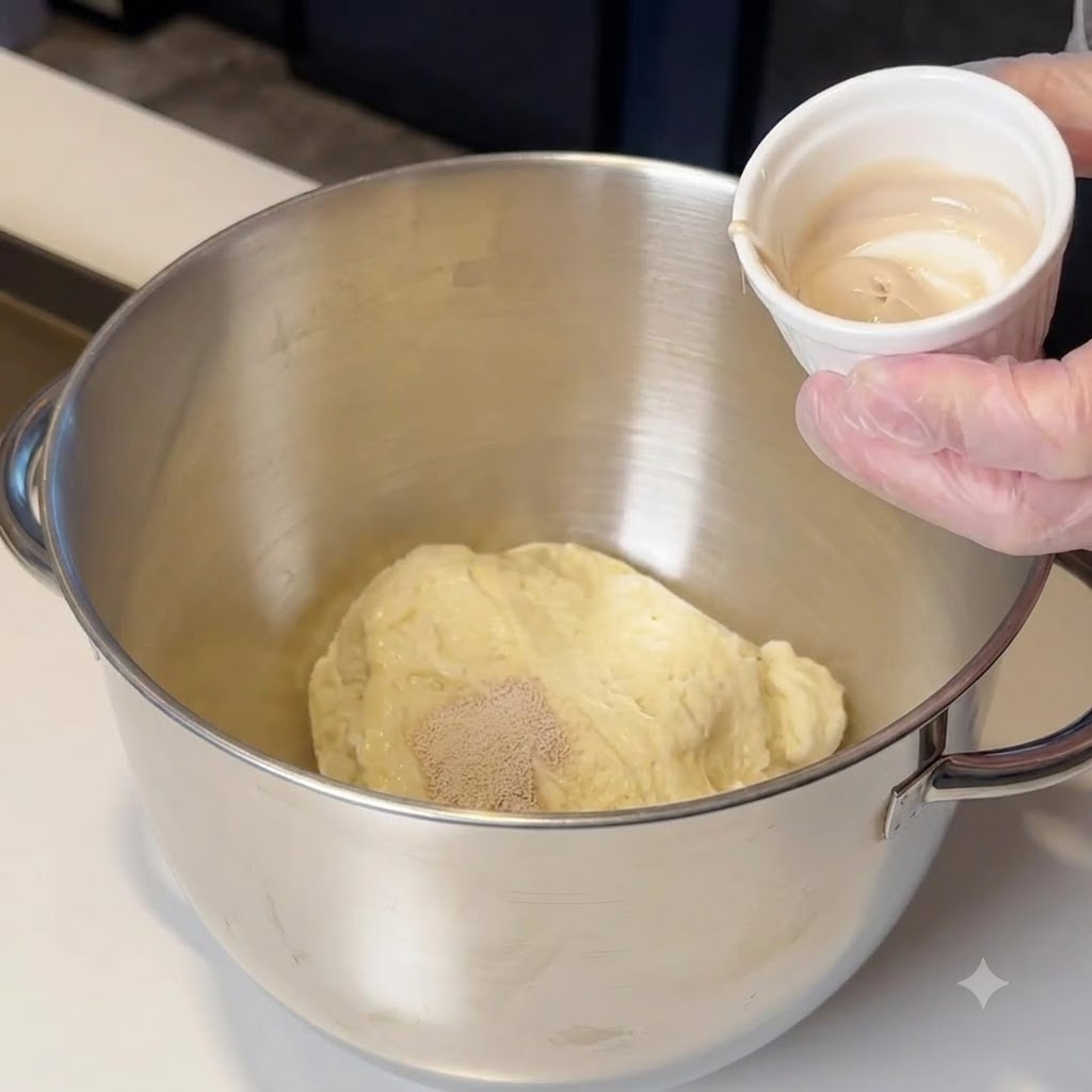 Un bol de robot pâtissier contenant la pâte et le mélange de levure prêt à être battu.