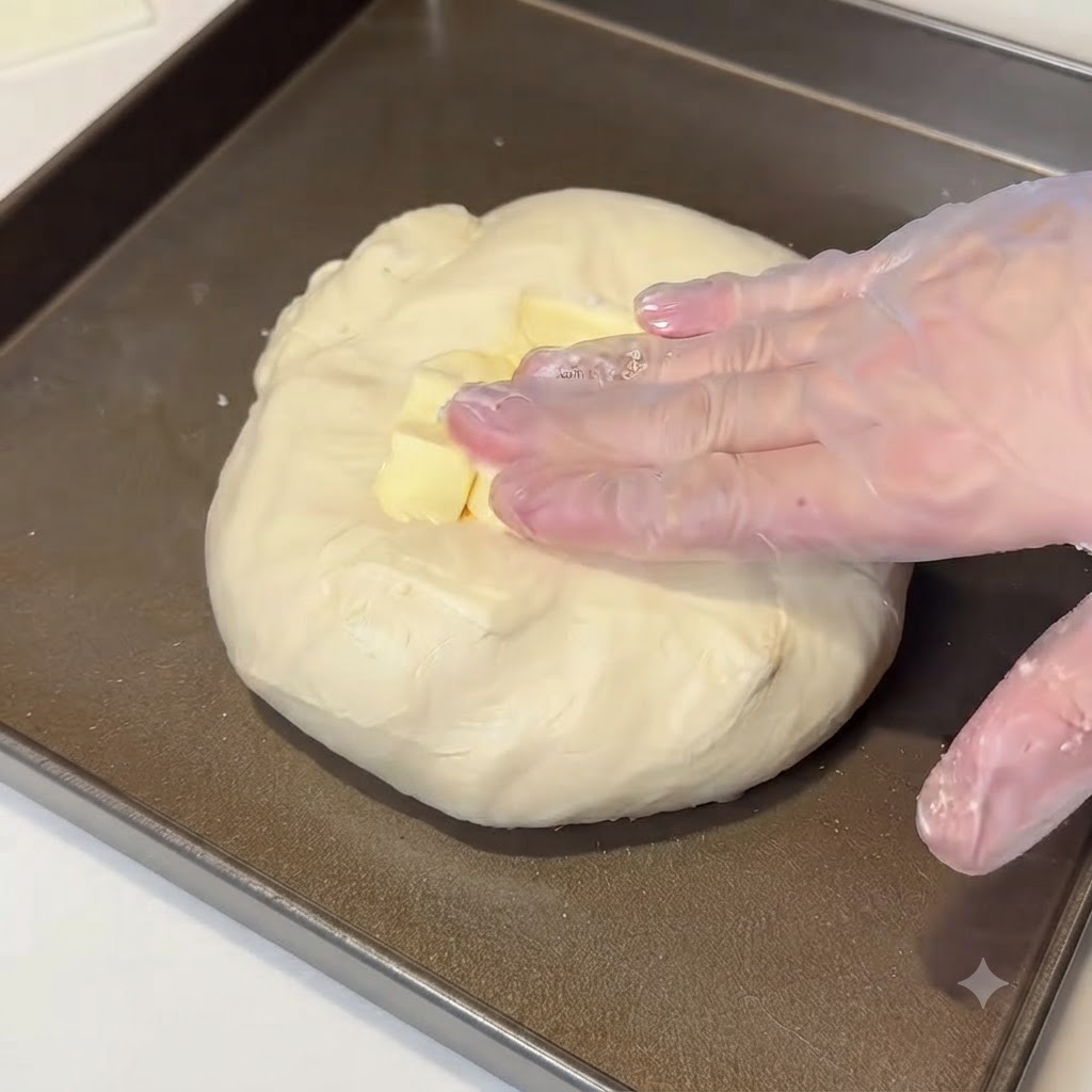 Morceaux de beurre ramolli disposés sur le dessus de la pâte à lintérieur dun bac de boulangerie.