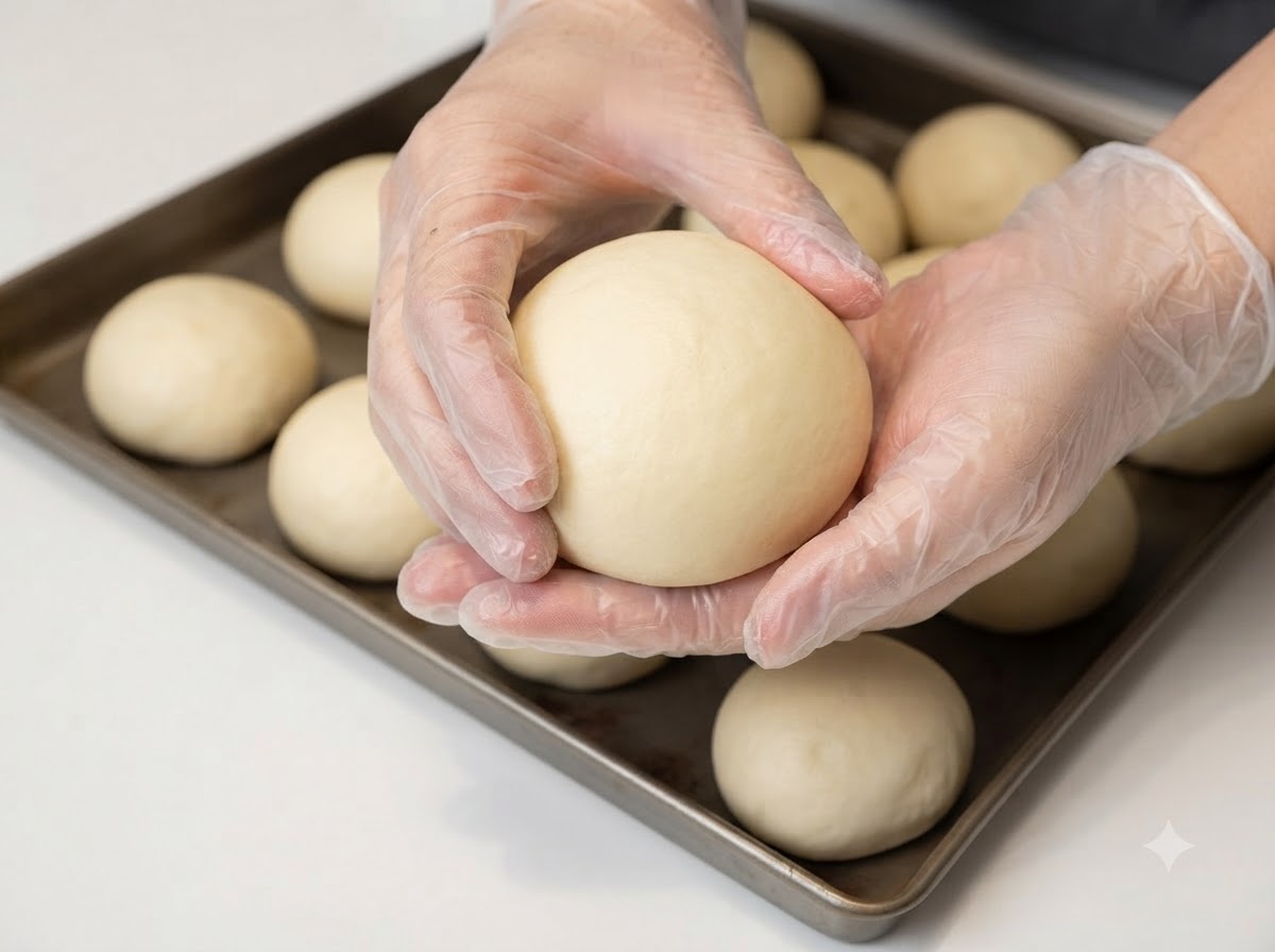 Des mains façonnant et maintenant délicatement une portion de pâte arrondie.