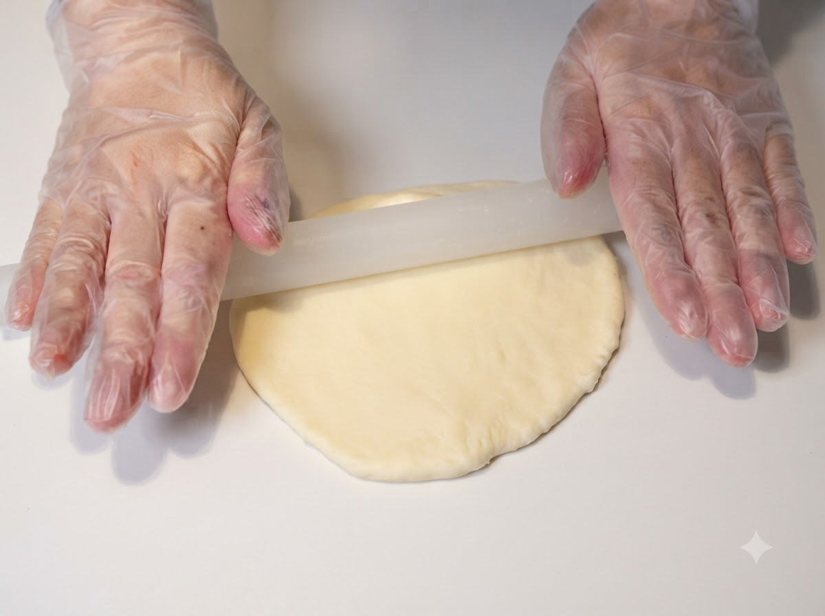 Morceau de pâte aplati sur une surface blanche à laide dun rouleau à pâtisserie, éliminant les grosses bulles dair.