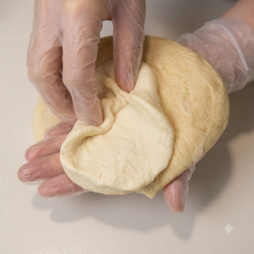 Mains pliant et rentrant la pâte pour former un pain rond bien fermé et lisse.