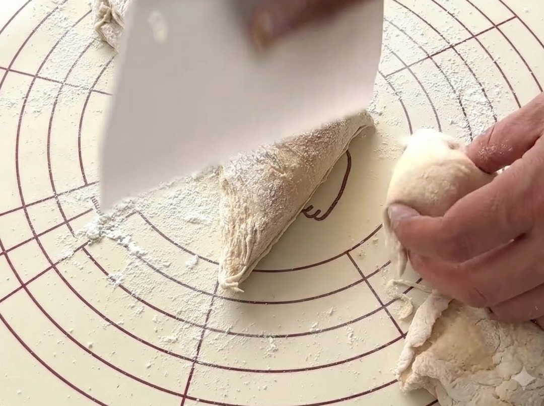 Un racloir à pâte blanc coupant la pâte fermentée en portions sur un tapis fariné.