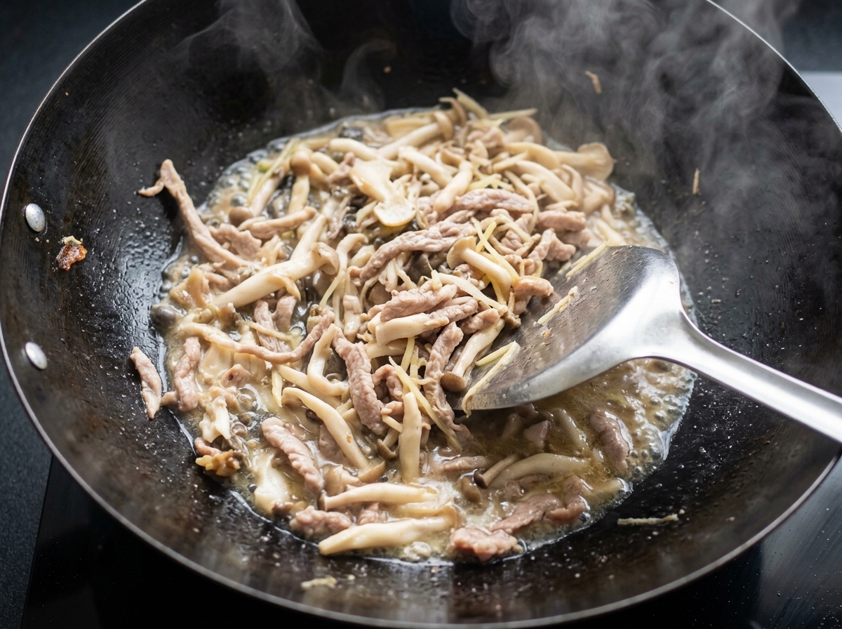 Champignons enoki en train dêtre ajoutés dans le wok avec les autres ingrédients.
