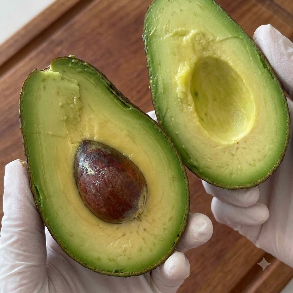 Un avocat coupé en tranches fines sur une planche à découper en bois.