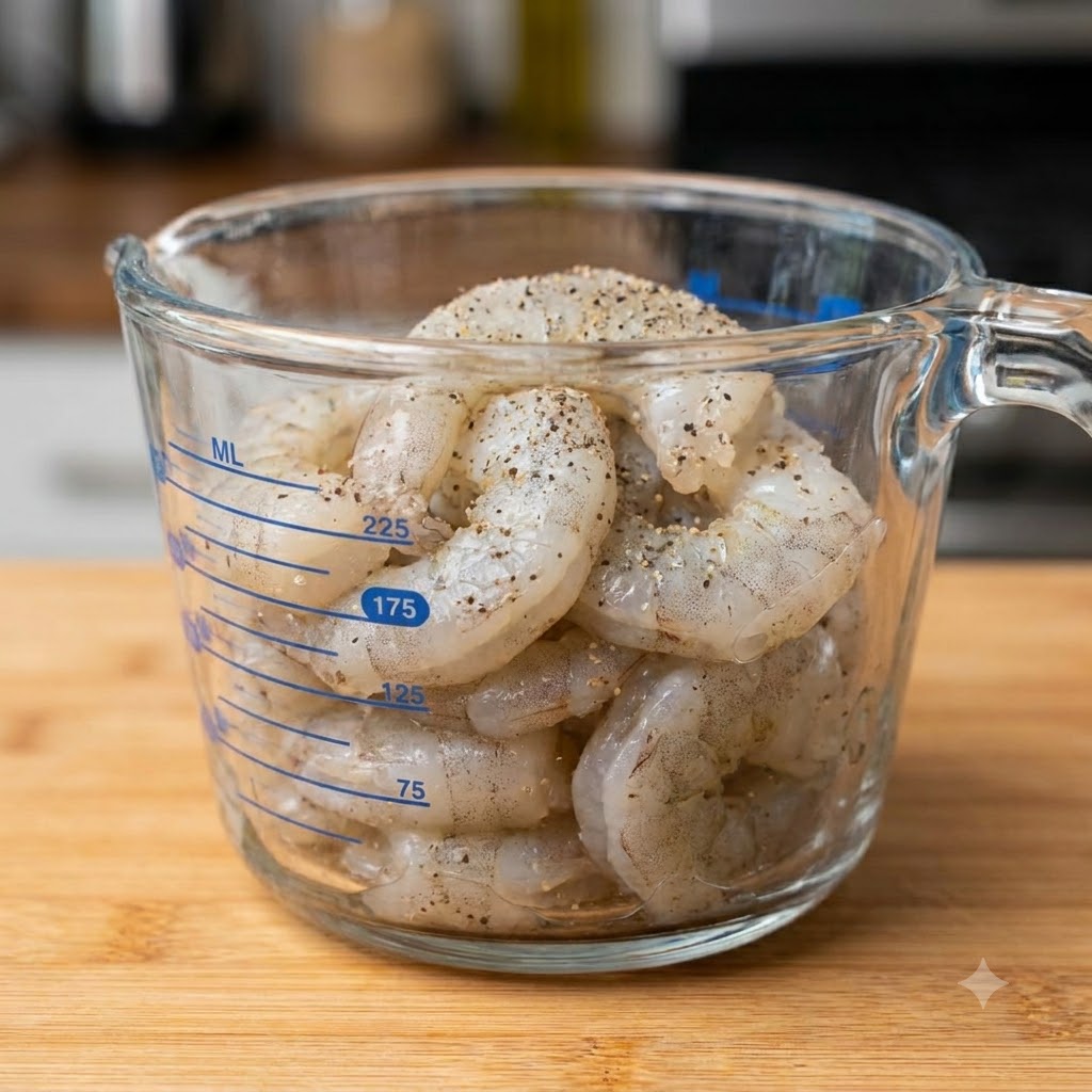 Crevettes assaisonnées en cours de cuisson dans une poêle noire à laide de baguettes.