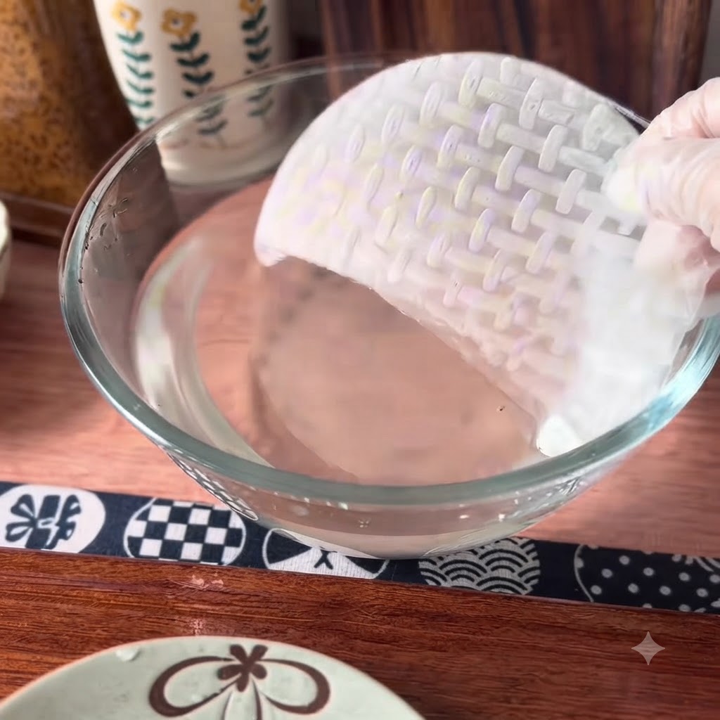 Une galette de riz sèche en train dêtre trempée dans un bol deau tiède.