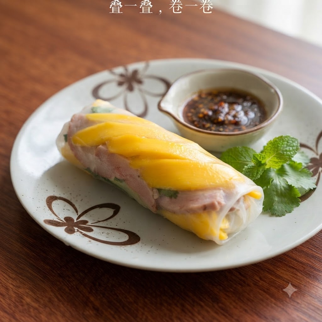 Un rouleau de printemps vietnamien fraîchement roulé positionné à côté dun petit bol de sauce trempette et de feuilles de menthe fraîches sur une assiette à motifs.