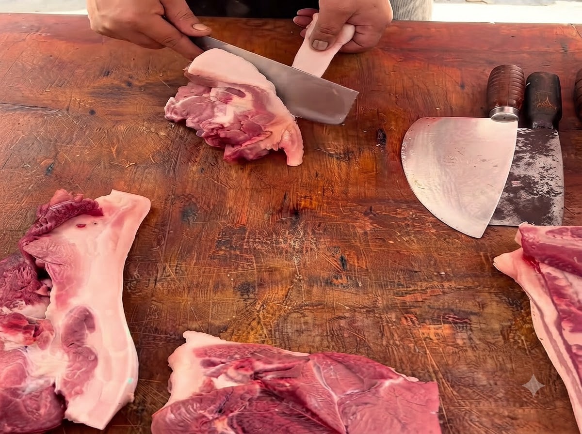 Vue rapprochée dune personne utilisant un hachoir lourd pour couper une tranche de porc sur une planche à découper en bois.