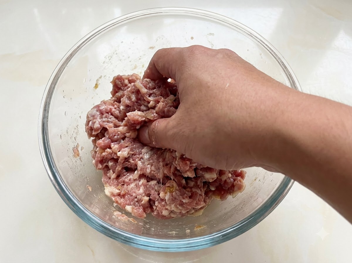 Une main mélangeant et pétrissant du porc haché assaisonné à lintérieur dun bol en verre.