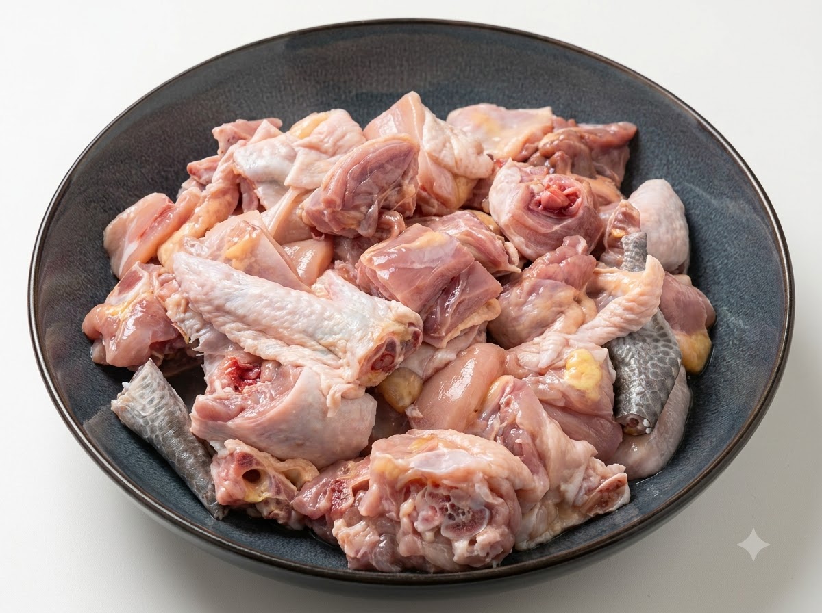 Petits morceaux de poulet dans un bol foncé mélangés avec des aromates par des mains gantées.