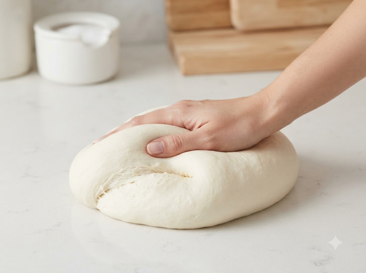 Une main pétrissant et pressant une pâte lisse sur un plan de travail blanc et propre.