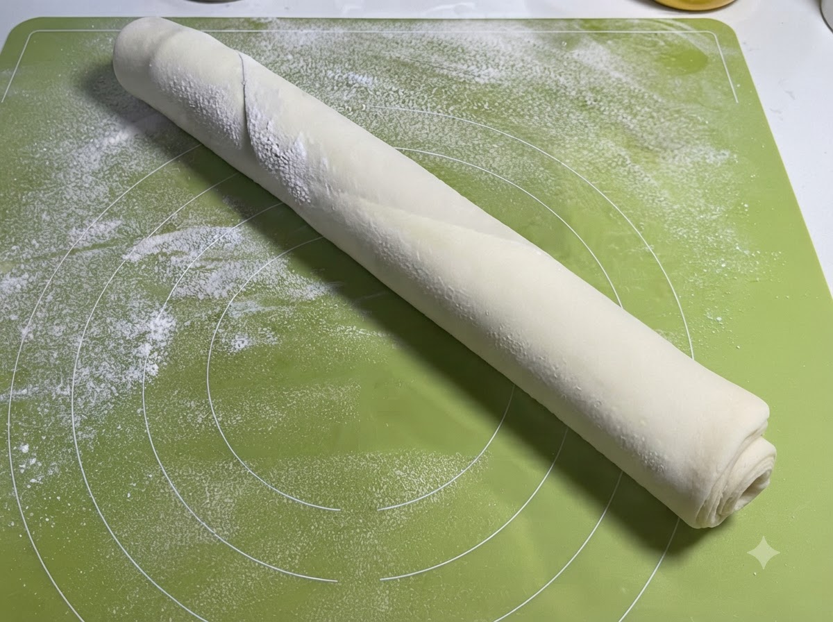 Une feuille de pâte plate enroulée et saupoudrée de farine reposant sur un tapis en silicone vert.