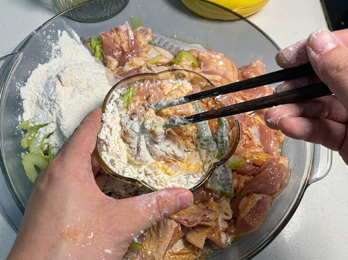 Une pâte damidon versée dun petit bol dans un plus grand bol en verre contenant du poulet mariné et du céleri tranché.