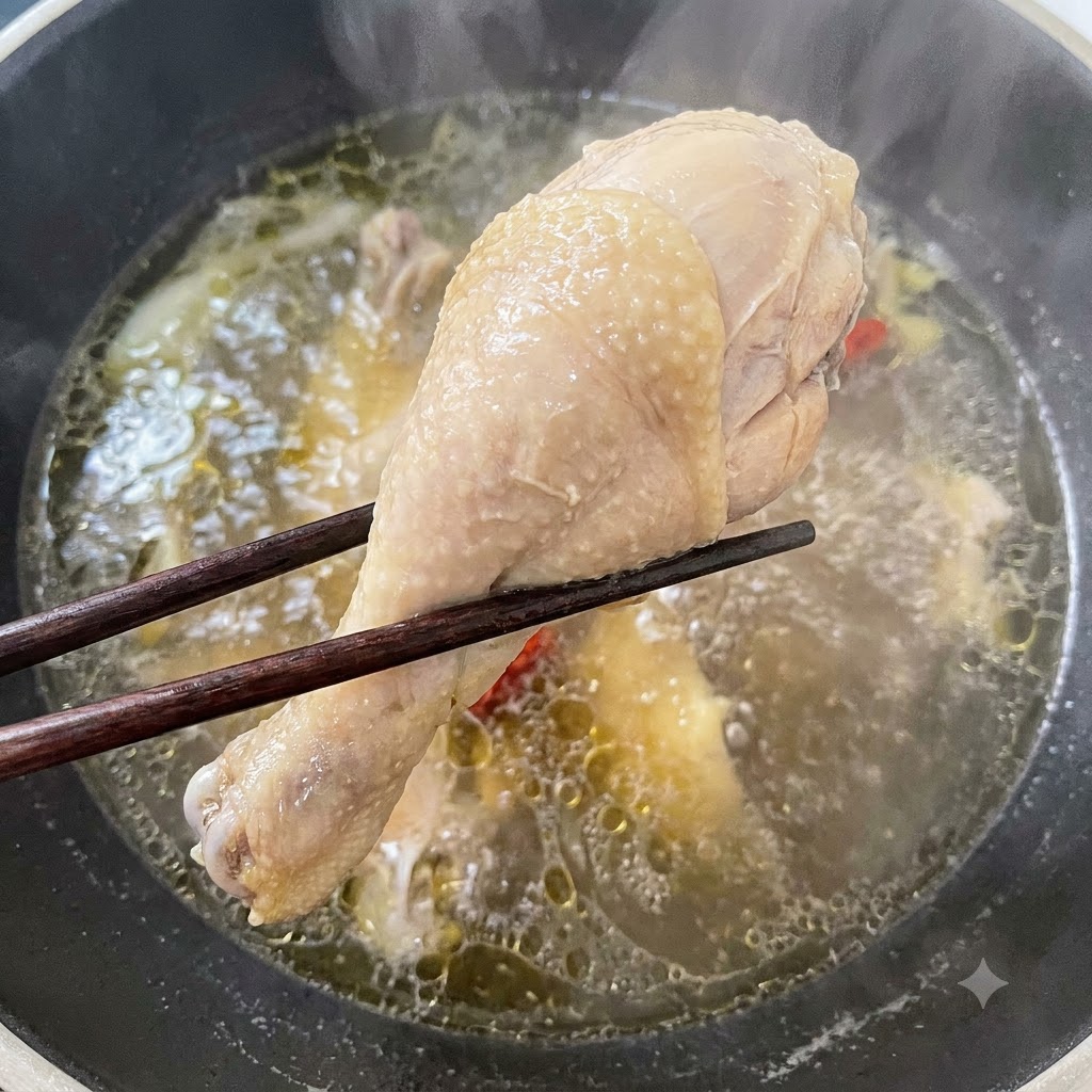 Une paire de baguettes soulevant une cuisse de poulet cuite hors du bouillon frémissant.