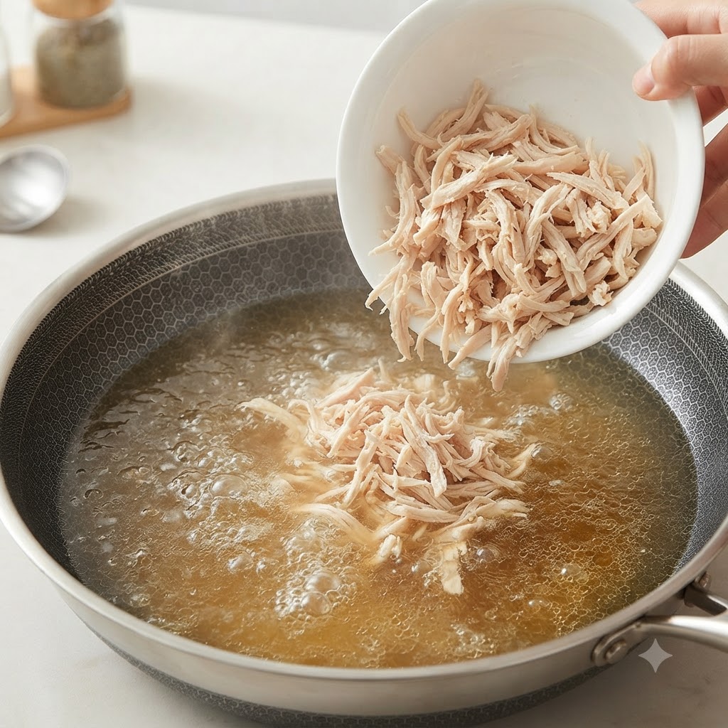 Du poulet effiloché versé dun bol blanc dans une casserole de bouillon de poulet bouillant.