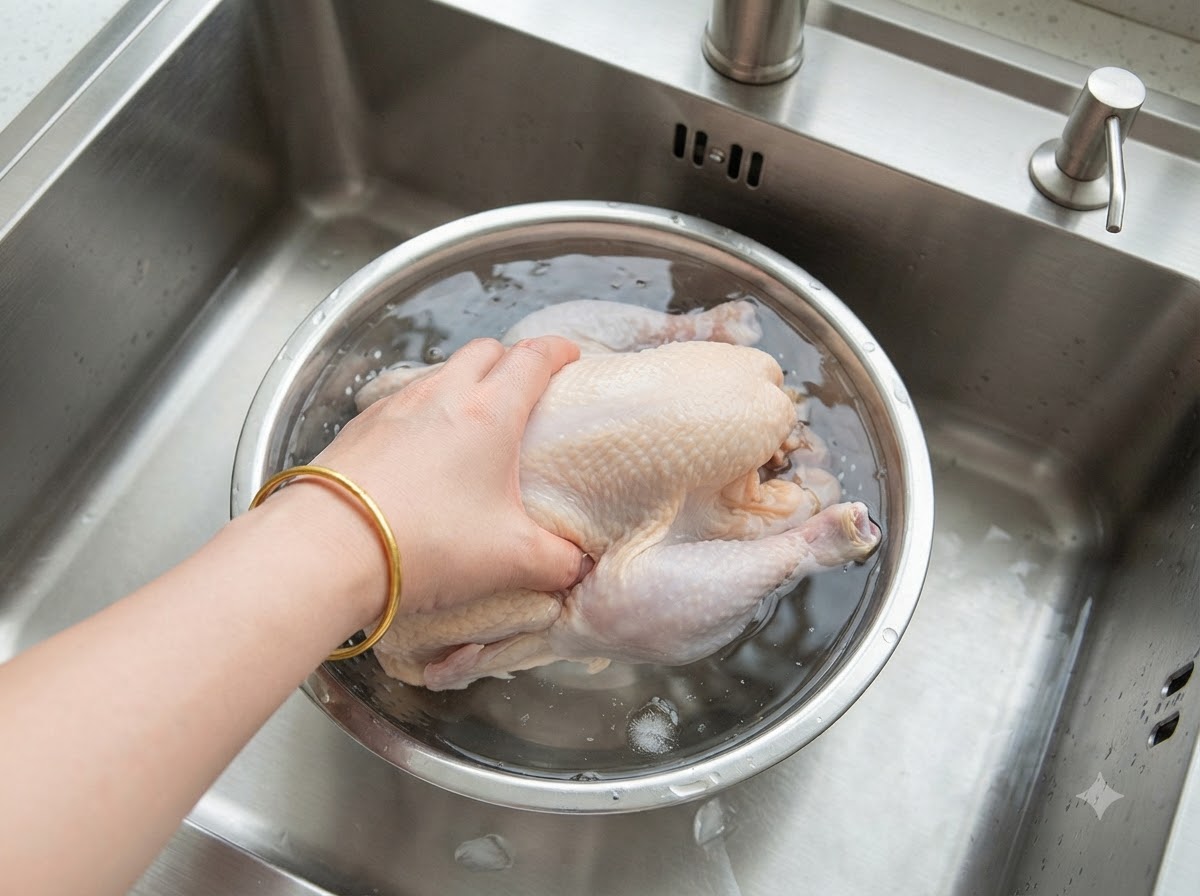 Un poulet entier nettoyé plongé dans une casserole deau en acier inoxydable.