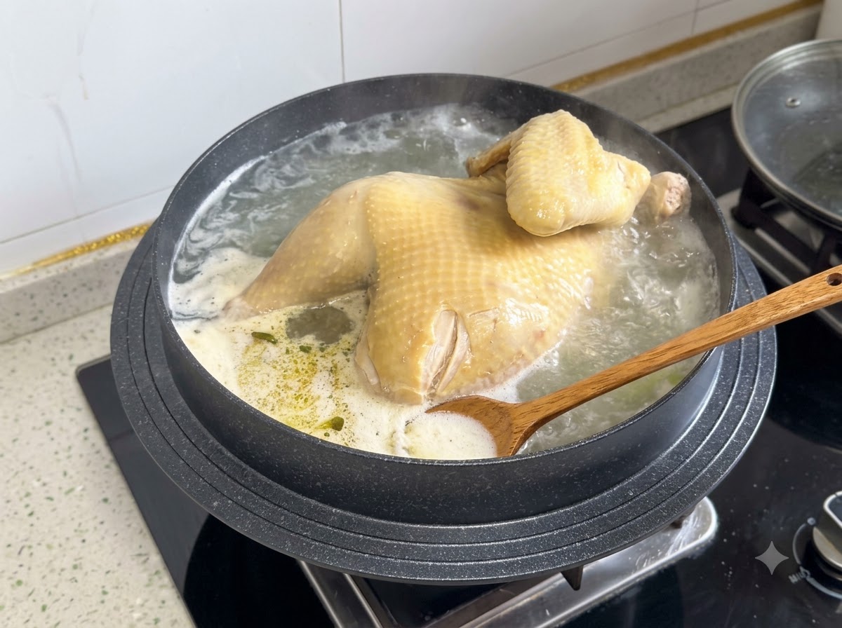 Une cuillère en bois écumant la mousse et lhuile à la surface du bouillon de poulet frémissant.