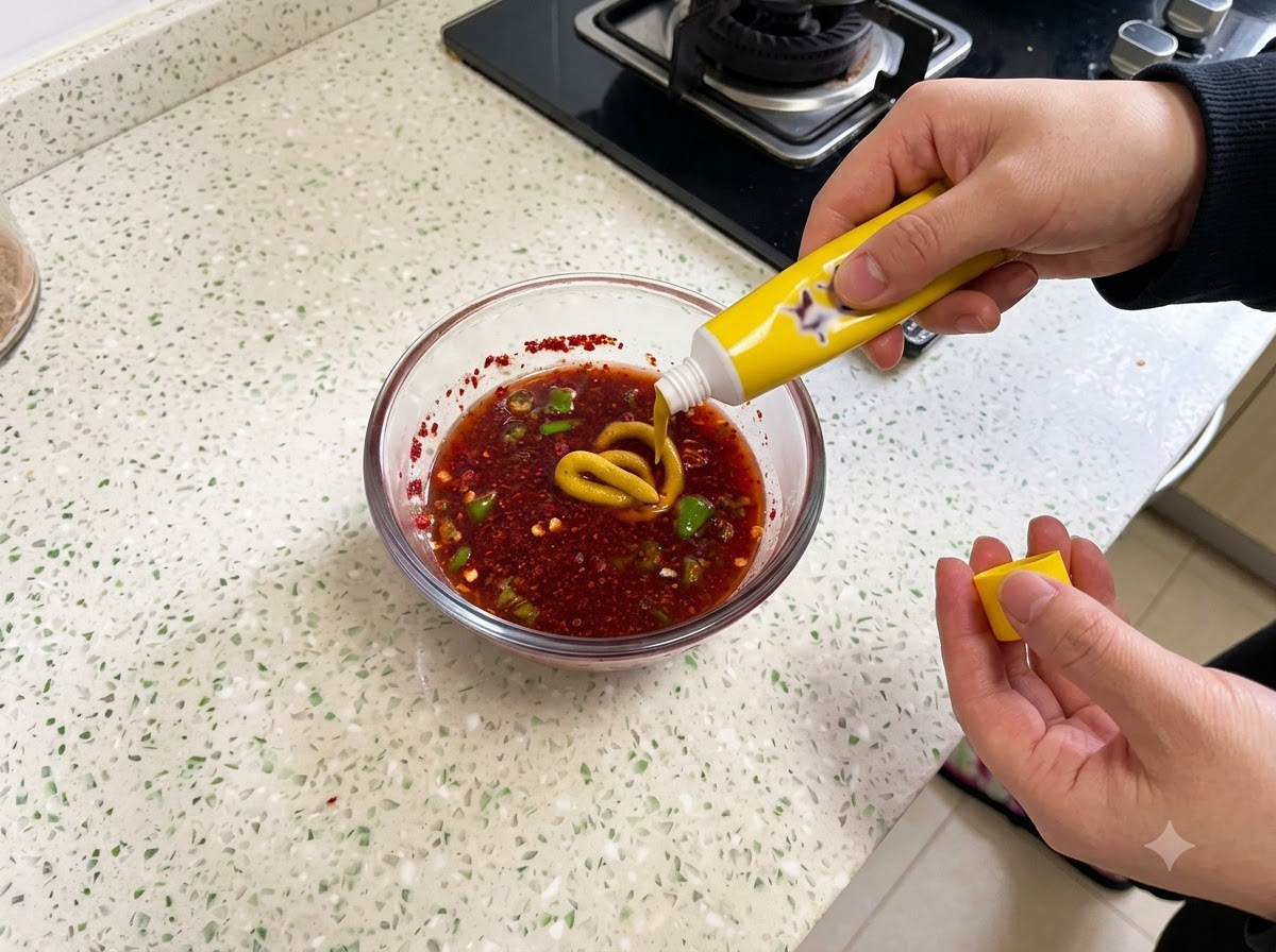 De la moutarde jaune versée dans un bol en verre contenant les ingrédients de la sauce et du piment en poudre.