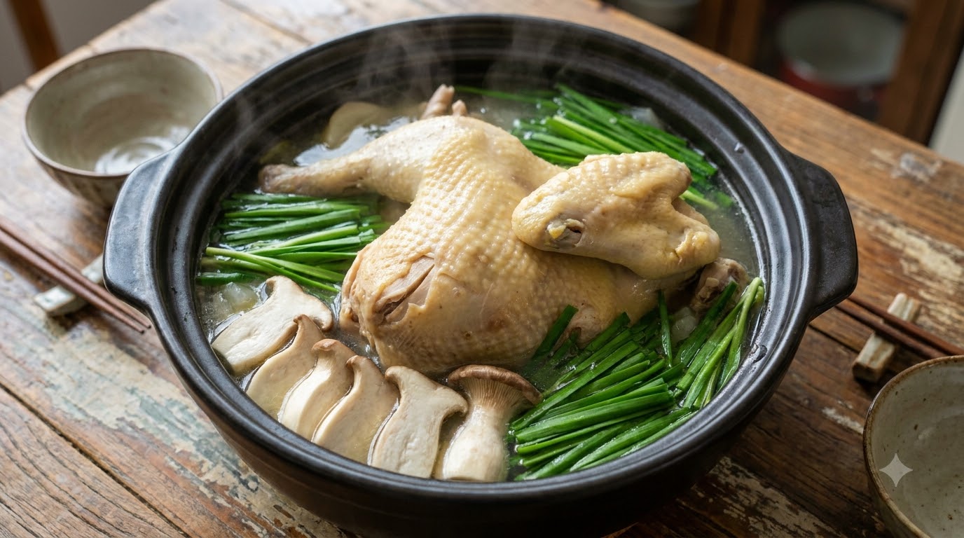 Soupe de poulet entière mijotée et claire avec sauce spéciale ail et piment et nouilles udon