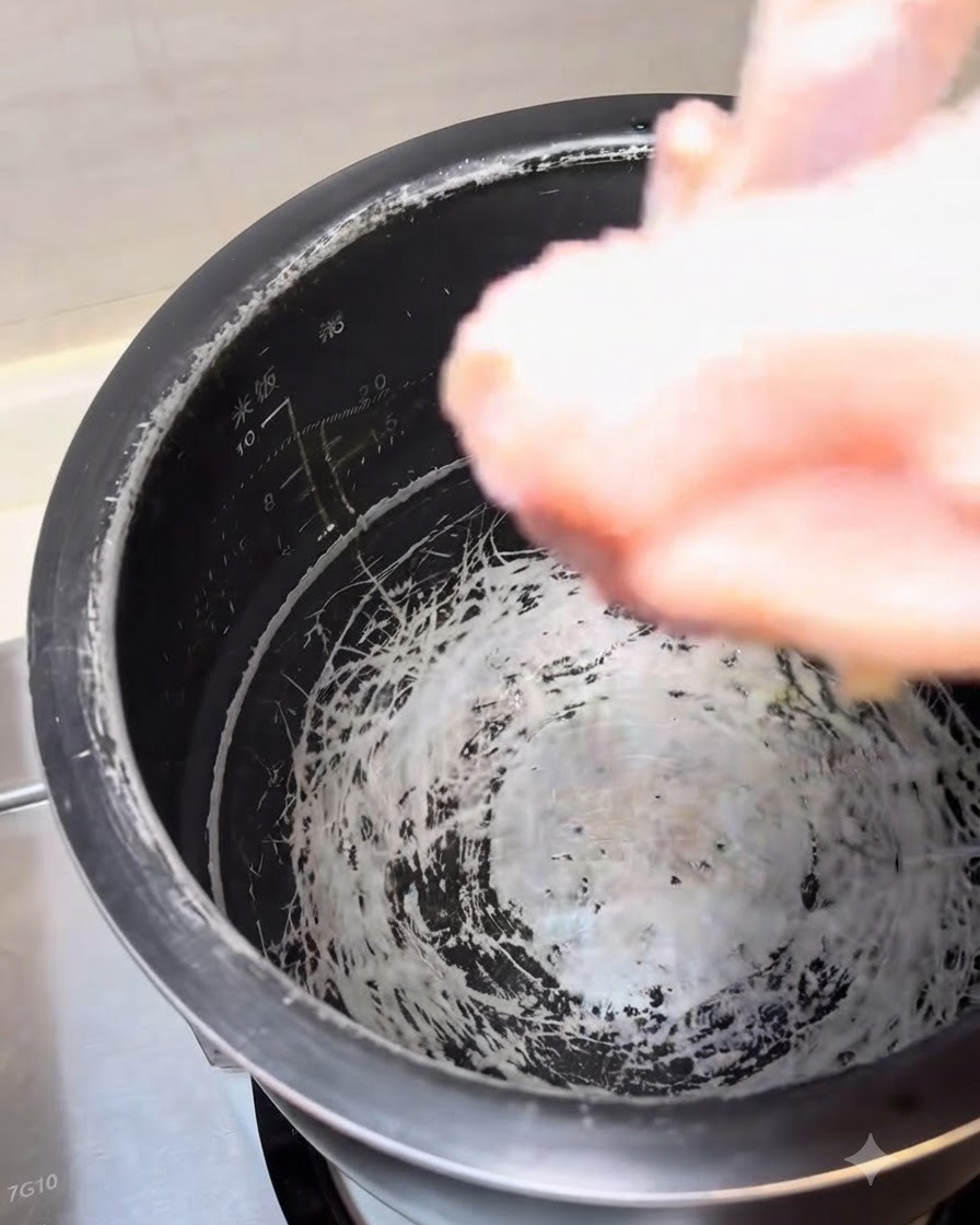 Morceaux de poulet entier placés dans une cuve de cuiseur de riz avec de leau pour le mijotage.