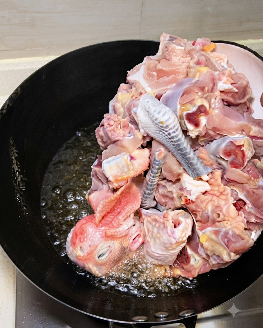 Morceaux de poulet cru haché glissant dans un wok contenant de lhuile chaude et du gingembre frit.