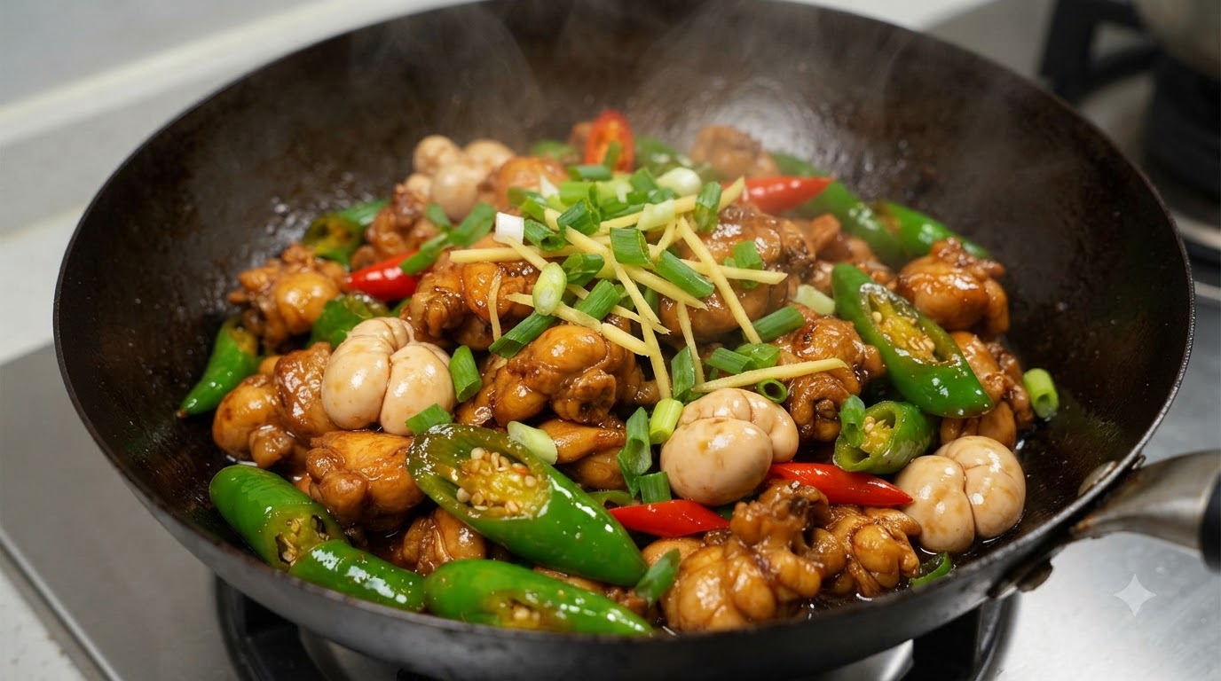 Poulet en Deux Façons : Moitié Mijoté en Soupe Parfumée et Moitié Sauté aux Poivrons