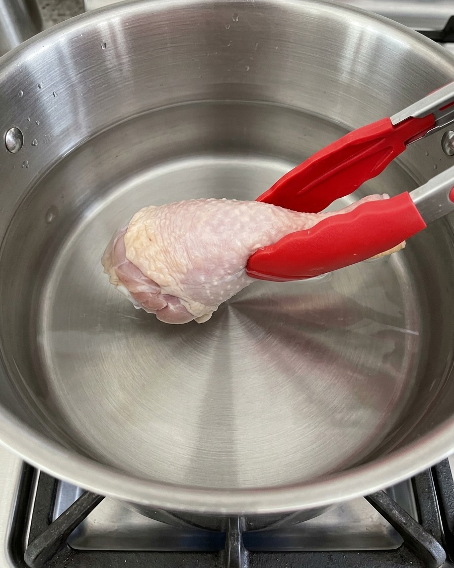 Une cuisse de poulet placée avec des pinces dans une casserole en acier inoxydable remplie deau froide.