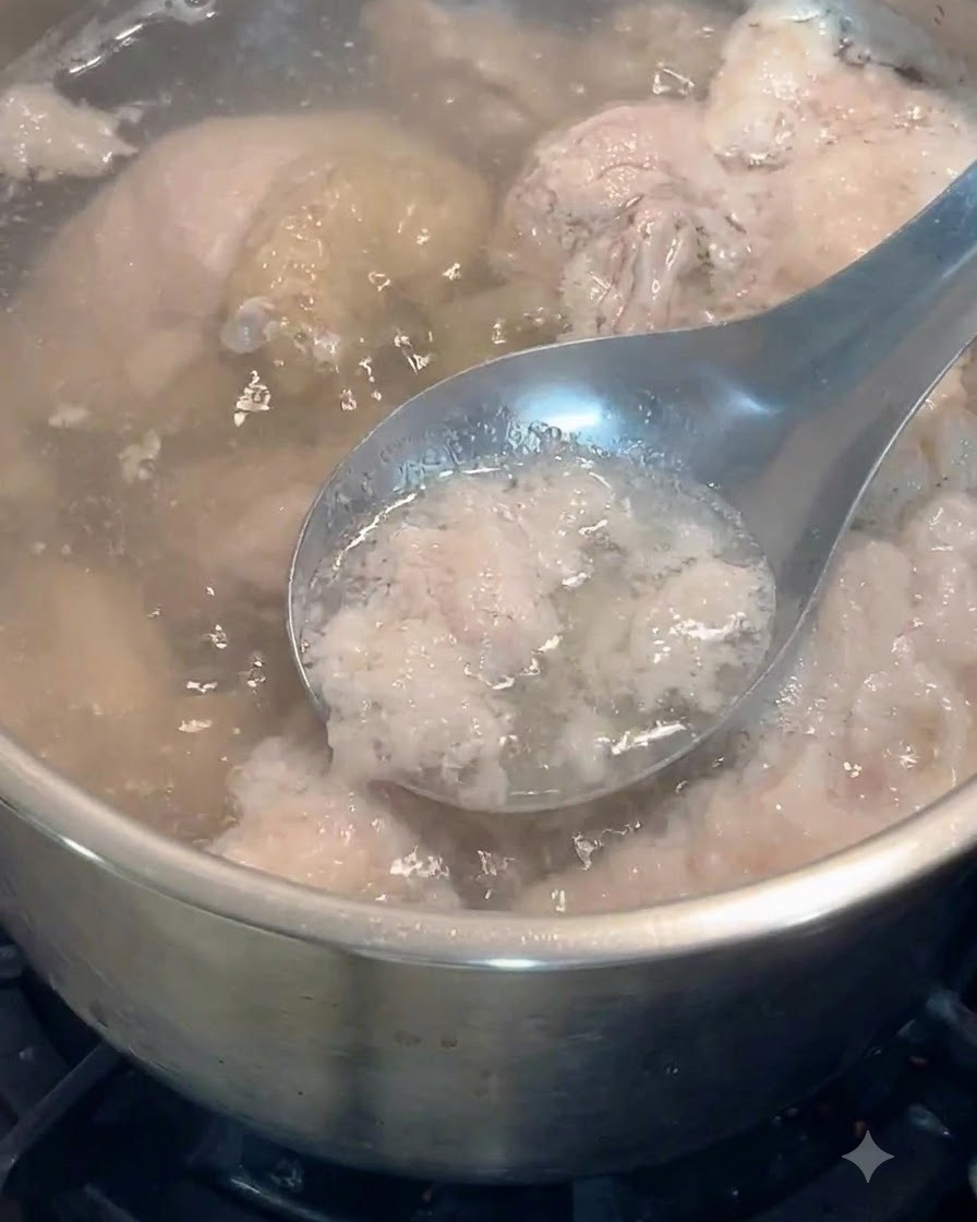 Une cuillère en métal écumant la mousse grasse et les impuretés de leau bouillante contenant des morceaux de poulet.