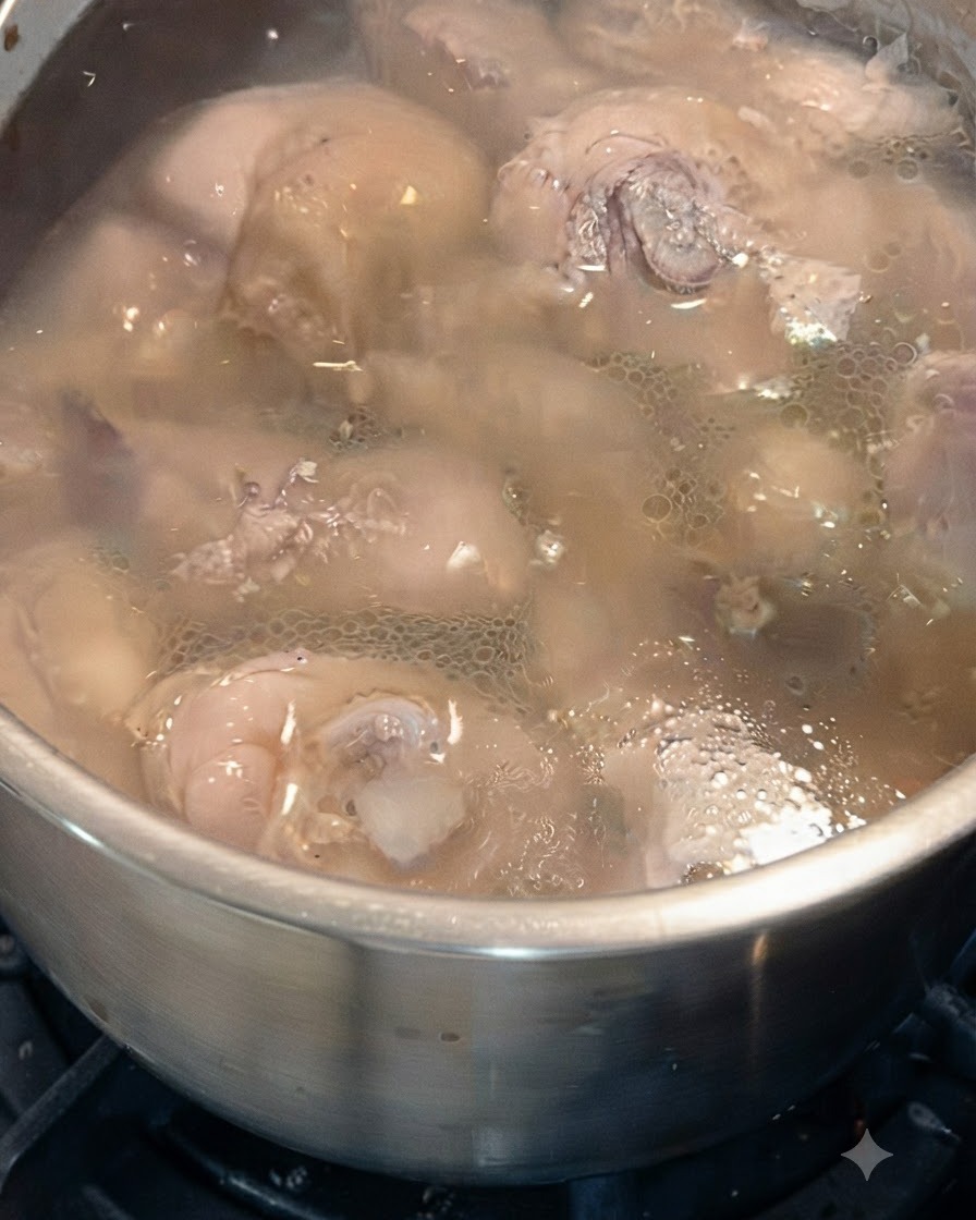 Morceaux de poulet blanchis en train de mijoter ou de tremper dans leau après la première ébullition.